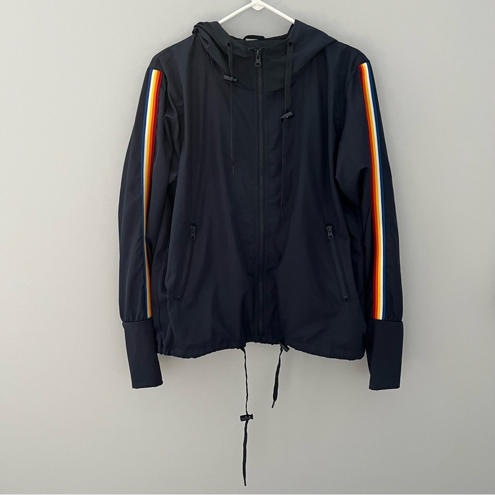 Zyia Active Full Zip Hooded Windbreaker Jacket Womens M Navy Rainbow Stripes